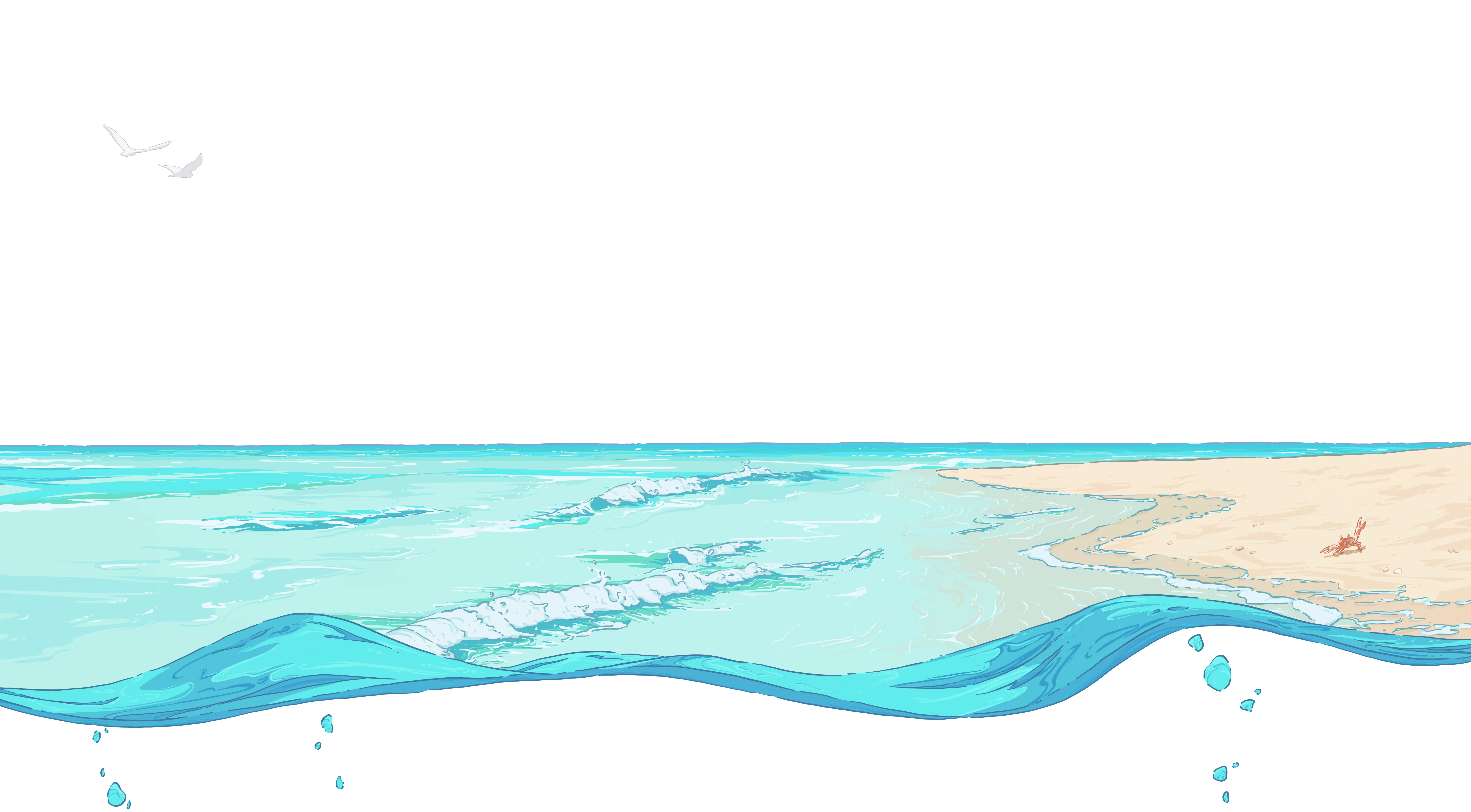 page divider illustration of the ocean waves and a crab waving at you on the sandy beach