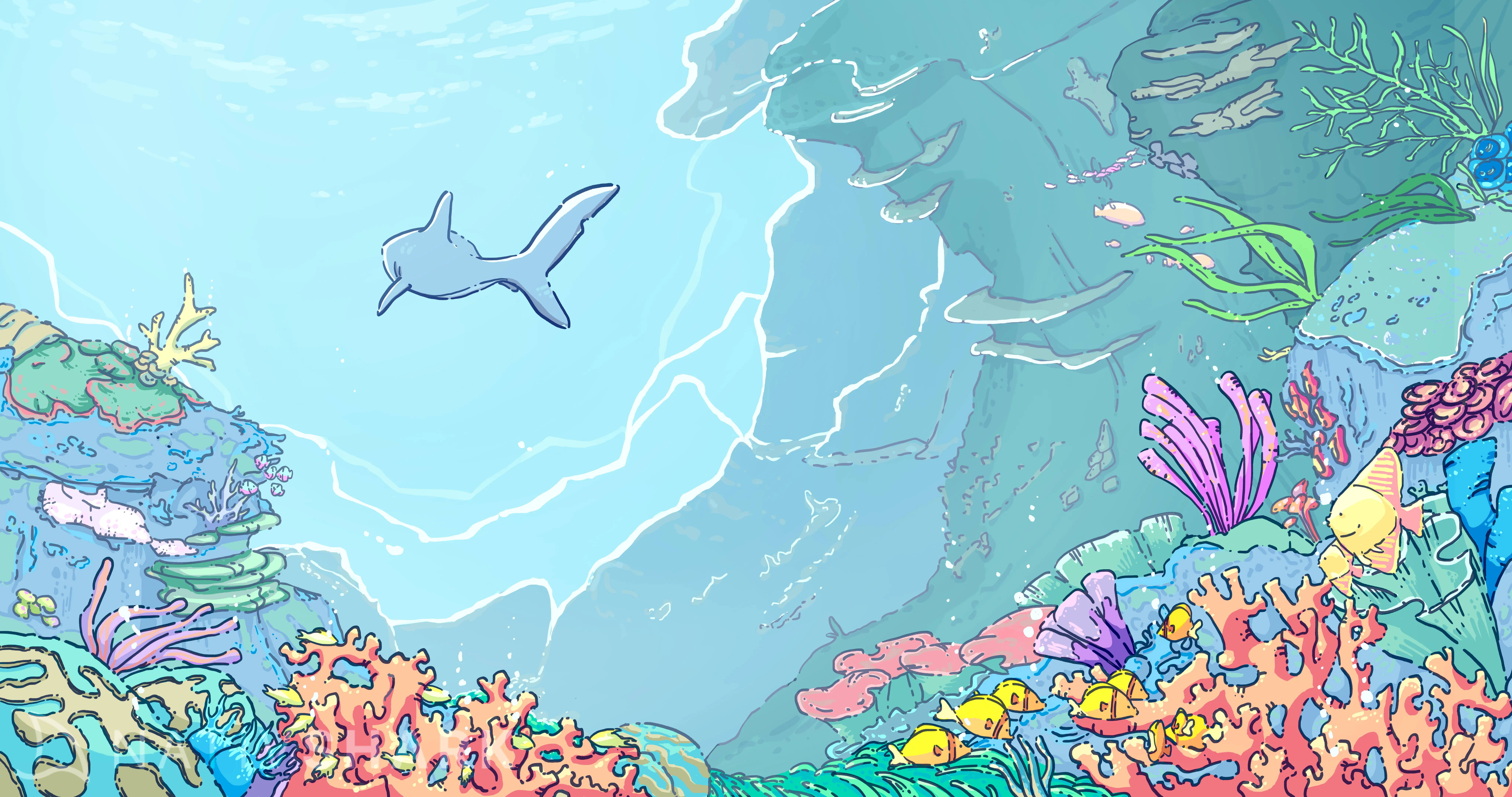 ocean floor with colorful coral and a happy shark