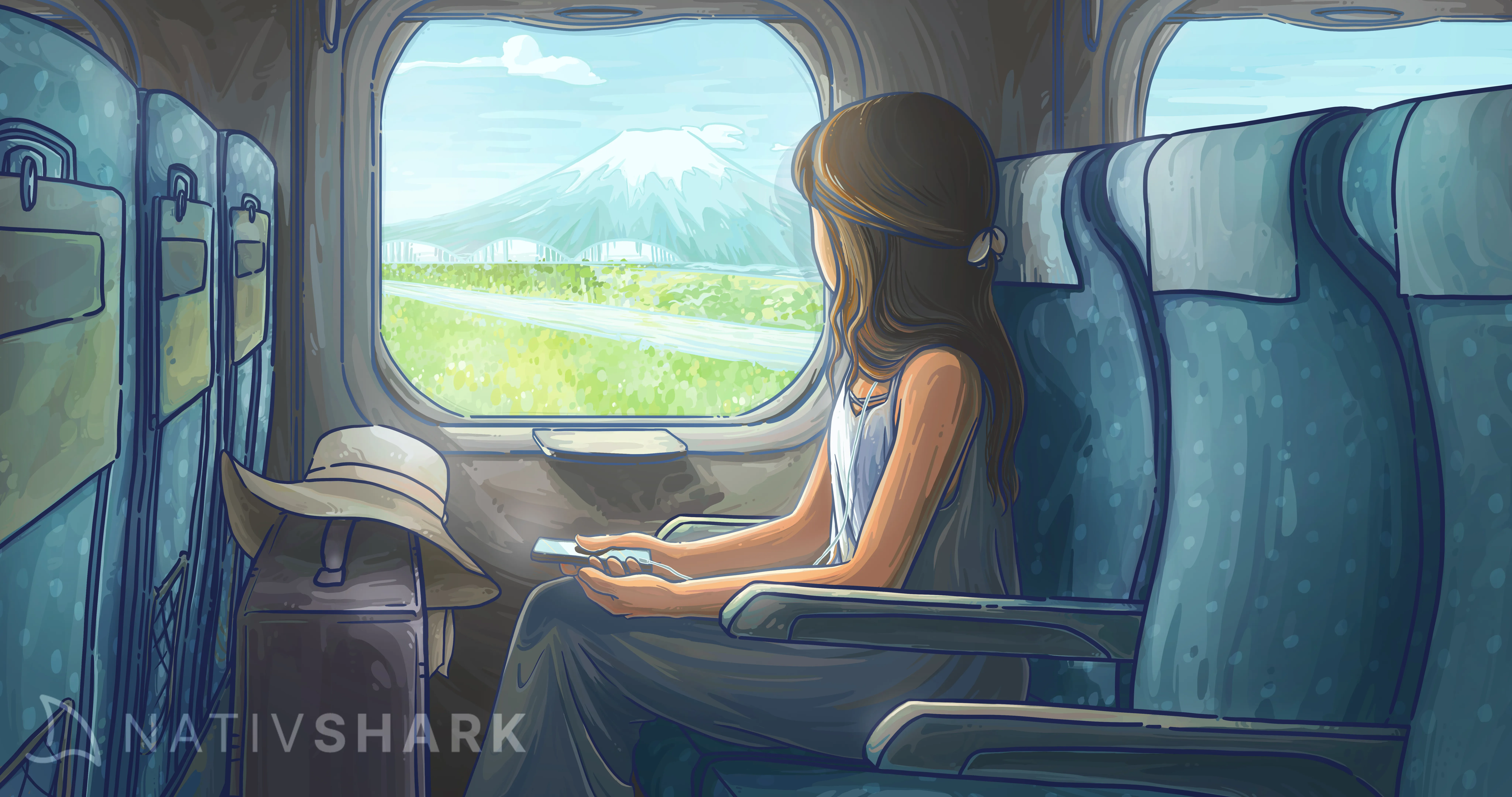 girl staring out the shinkansen window looking at Mt.Fuji
