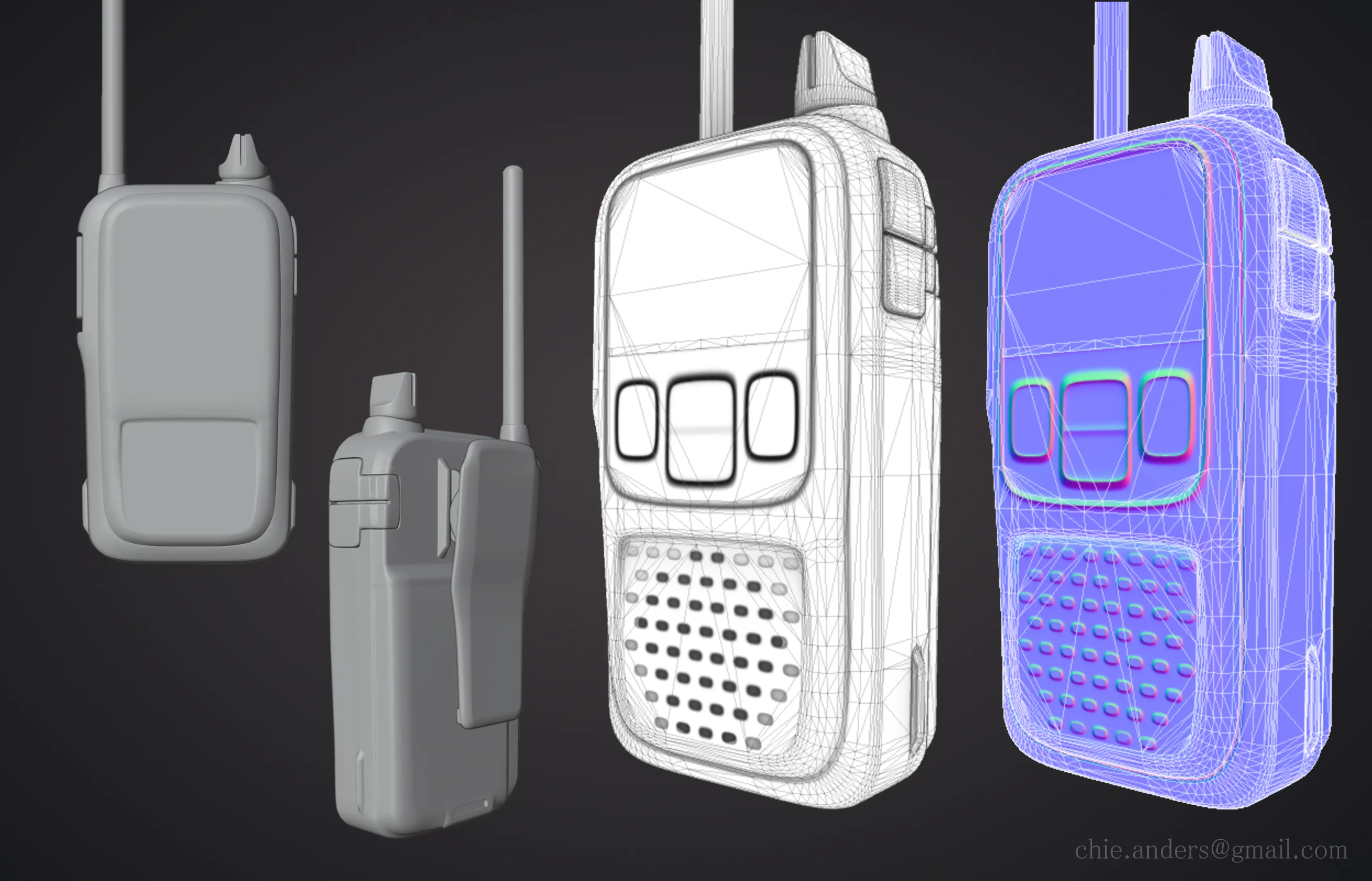 Hand-held radio normal map, occulusion map, and wireframe