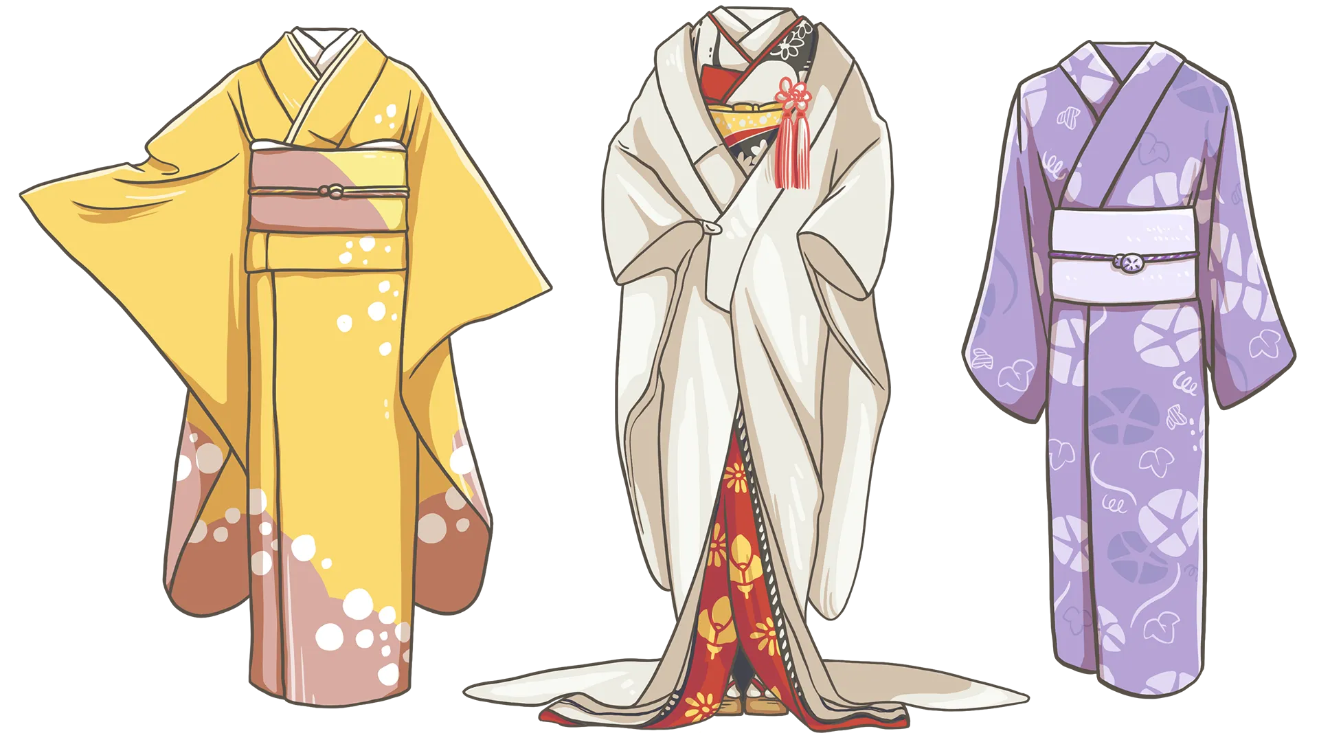 three different kimono illustrations